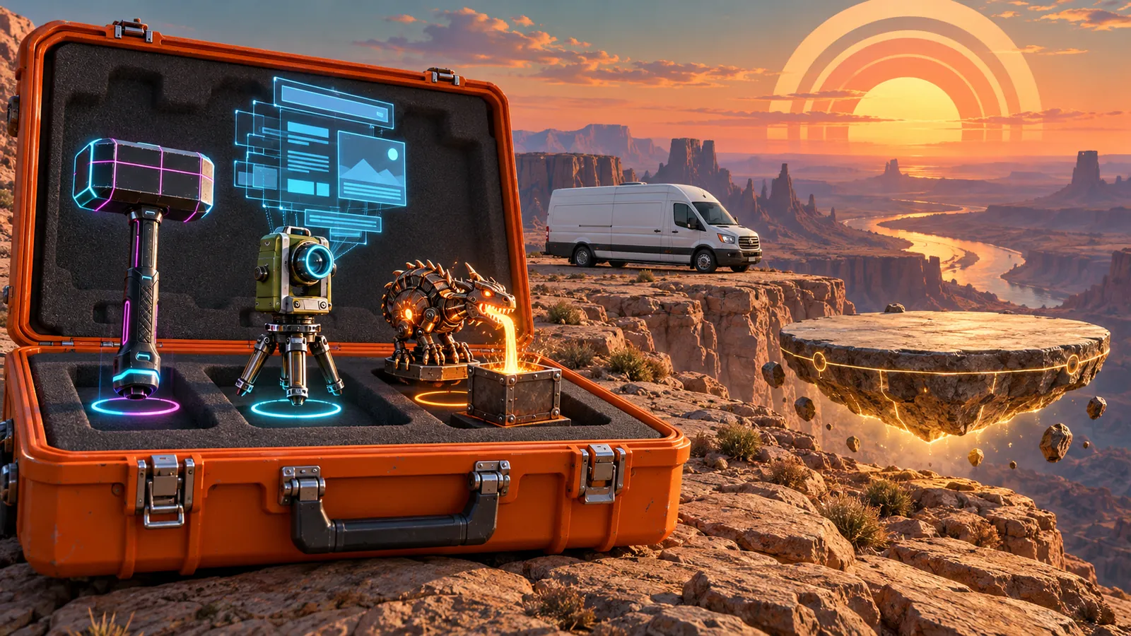 An open orange case holding a hammer, a surveyor's tripod and a tiny brass dragon, on a desert cliff at sunset, with a white van and a floating rock.
