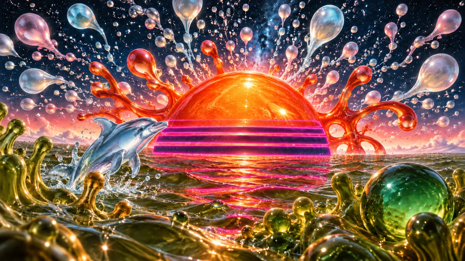 A glossy striped sun sinks into a rippling sea, glass droplets bursting into the night sky and a glass dolphin leaping.